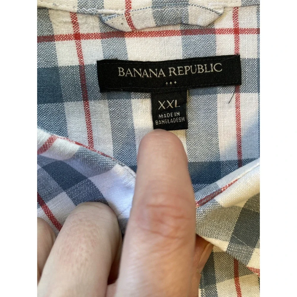 Banana Republic Shirt Mens XXL Red White Blue Plaid Button Up Long Sleeve Linen